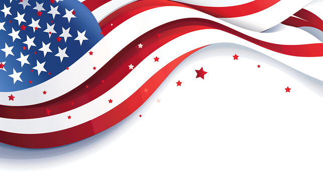 the American flag in a dynamic, waving motion. The flag features stars on a blue background in the upper left corner