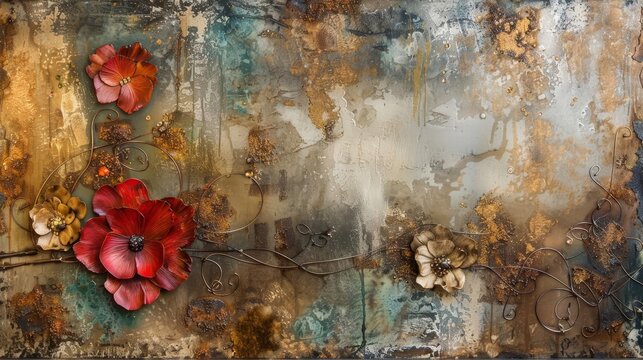 Abstract painting with metal elements, textured background, and floral motifs, modern artwork