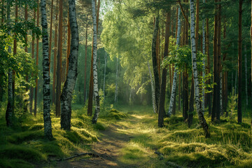 Naklejka premium a beautiful green birch forest for a computer wallpaper, or for the texture of the view outside the window in a visualization, generative AI
