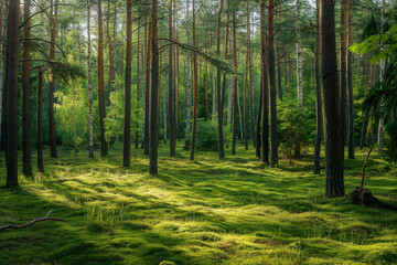 a beautiful green pine forest for a computer wallpaper, or for the texture of the view outside the...