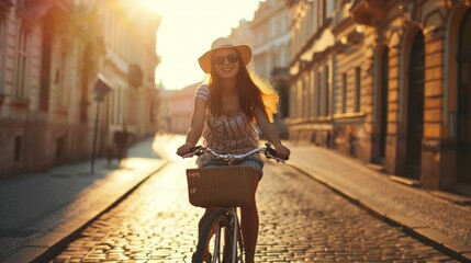 Young traveler riding a bike in street with historic buildings in the city of Prague, Czech...