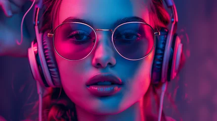 Tuinposter portret of a beautiful woman with headphones and sunglasses © DigitaArt.Creative