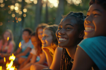Active young kids, teenagers near campfire, summer camp - obrazy, fototapety, plakaty