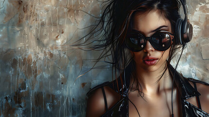 portret of a beautiful in leather woman with headphones and sunglasses - obrazy, fototapety, plakaty