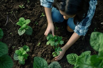 girl plants seedlings top view