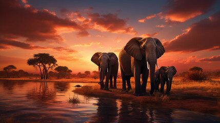 Fototapeta na wymiar Elephants in African Savannah Against Sunset Reflecting on Water Surface