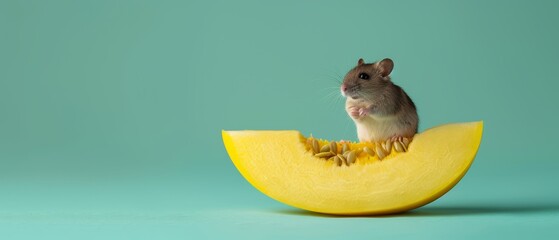   A tiny mouse perched atop half a yellow fruit against a green and blue backdrop