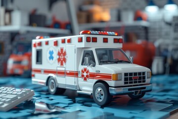 Miniature 3D ambulance life-saving vehicle - obrazy, fototapety, plakaty