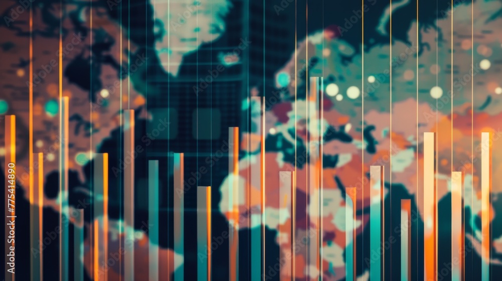 Poster depiction of bar graphs showing changes in trading volumes against a world map background, highlight