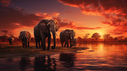Fototapeta na wymiar Elephants Bathing at Twilight, Fiery Sky Reflection on Water