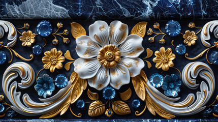 exquisite golden floral baroque decoration with blue gemstones on marble - obrazy, fototapety, plakaty