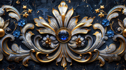 luxurious golden and blue floral ornament on black marble background - obrazy, fototapety, plakaty