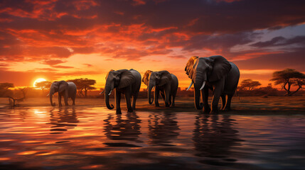 Fototapeta na wymiar Herd of African Elephants Wading Through Water at Sunset