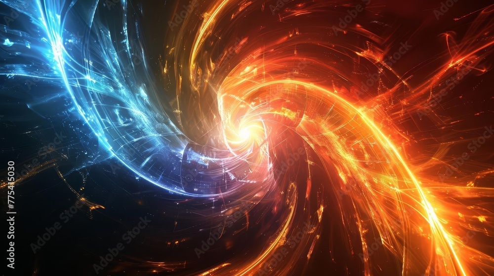 Poster abstract vortex flow with a multicolor spectrum background, featuring bright orange and blue neon ra