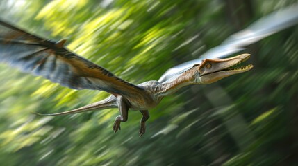 Naklejka premium Flying dinosaur, Pterodactyl, flying fast in prehistoric forest. Photorealistic.