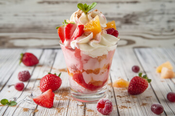 bright clean photo of delicious fresh ice cream dessert in a cup with fruits for advertising, generative AI