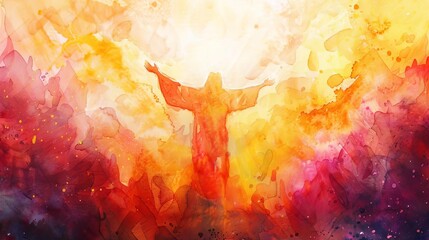 Abstract watercolor background with Jesus Christ in worship, religious painting - obrazy, fototapety, plakaty
