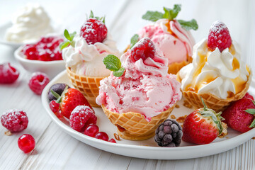 bright clean photo of delicious fresh ice cream with fruits on a plate for dessert for advertising, generative AI