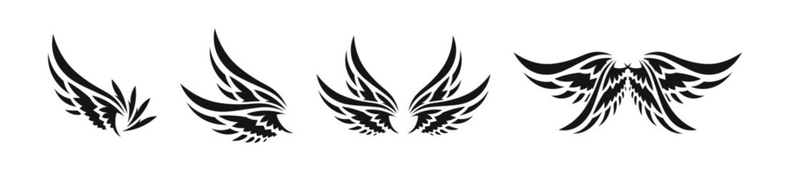 Wings black tatoo set. Angel wing, art decoration flat set.