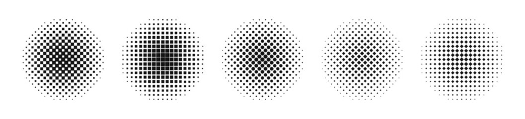 Halftone vector circle set. Dotted comic style element. Halftone circular pattern. - obrazy, fototapety, plakaty