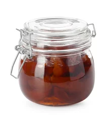 Foto op Canvas Quince jam in glass jar isolated on white © New Africa