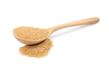 Pile of brown sugar and wooden spoon isolated on white