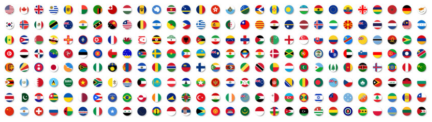 All countries flag set. National flags in circle shape. Patriotic badge collection.
