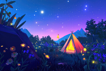 illuminated tent under starry sky in a magical forest at night,  cartoonish 