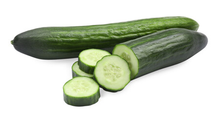 Whole and cut long cucumbers isolated on white