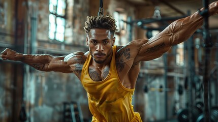 Attractive young muscular sexy Caucasian man of model appearance working out training in the gym gaining weight pumping up muscles and poses fitness and bodybuilding concept - obrazy, fototapety, plakaty