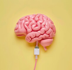 A pink brain connected via USB on a yellow background, downloading new skills with advanced tech aiding in mind-reading through microchip implants.