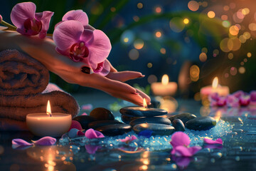 Spa Setting With Candles, Rocks, and Orchids