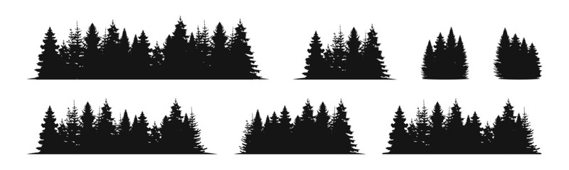 Obraz premium Forest silhouette landscape set. Spruce and pine tree flat black scenery.