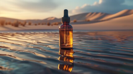 A dropper bottle of perfume on an evening desert with a reflective surface, in the style of dark beige and dark amber. - obrazy, fototapety, plakaty