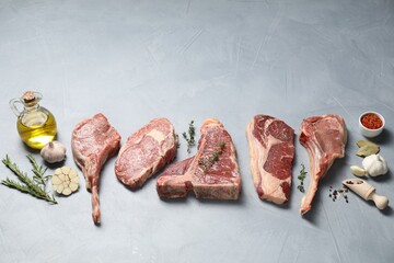 Fresh raw beef cuts, spices and oil on light grey textured table, above view. Space for text