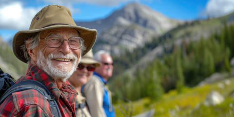 Fototapeta na wymiar Active Mature senior people hiking in the mountains, banner