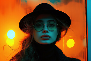 Stylish woman in hat posing in neon lights at night