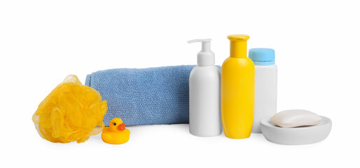 Baby cosmetic products, bath duck, sponge and towel isolated on white