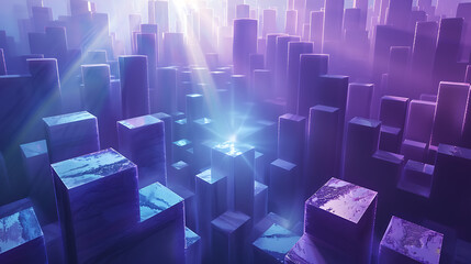 digital artwork portrays a 3D landscape composed of illuminated blue and purple blocks.
