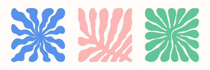 Vector colorful hand drawn floral square compositions.Hand drawn organic abstract shapes.Trendy contemporary art perfect for prints,flyers,banners,fabriс,branding design,covers.