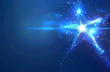 blue background with shining star and glowing particles on dark blue background, light effect with glow and lens flare Generative AI