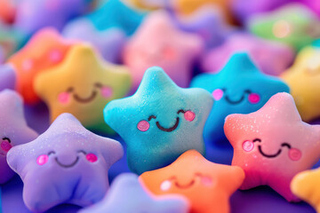 collection of cheerful star plush toys in pastel colors - obrazy, fototapety, plakaty