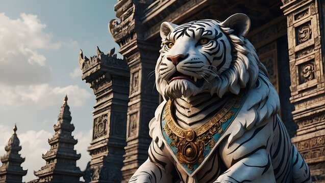 The image shows a majestic white tiger statue with gold adornments, set against intricately carved ancient stone temples under a partly cloudy sky

