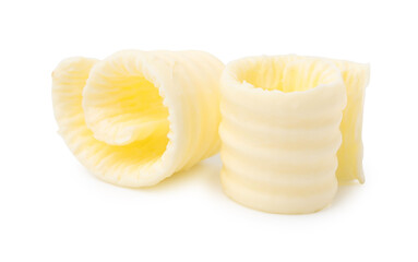 Fresh tasty butter curls isolated on white