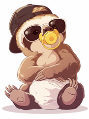 Cool Baby Sloth Like a Boss Toddler with Baseball Cap and large Sunglasses Mini Chef Baby Sloth