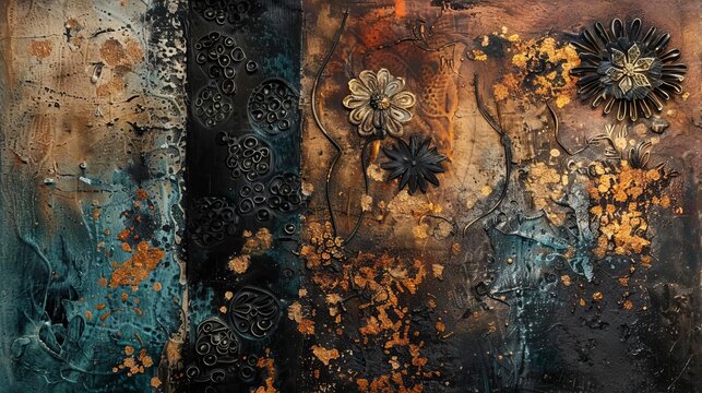 An abstract painting with metal elements, textured background with flowers and plants