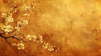 Ancient oriental golden painting of plum blossoms on a rich, textured background, symbolizing renewal and perseverance, digital art - obrazy, fototapety, plakaty