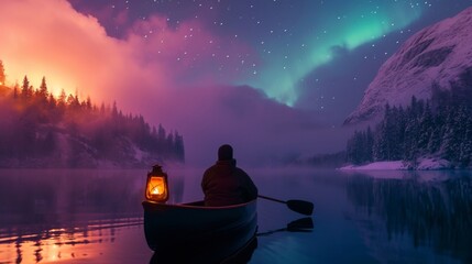 Man boating in lake with snow mountains and beautiful aurora northern lights in night sky in winter.
