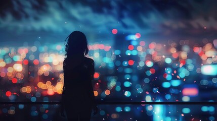 Anime girl silhouette against blurred cityscape, dreamy urban night scene, digital art - obrazy, fototapety, plakaty
