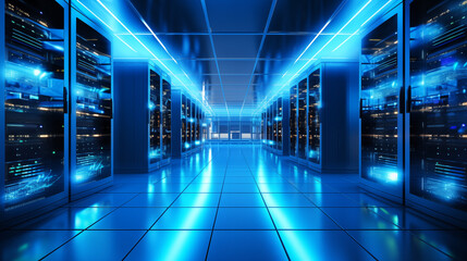 Futuristic Network Server Room with Blue Neon Lighting - obrazy, fototapety, plakaty
